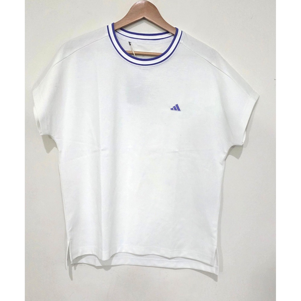 NWT adidas Loose Fit T-Shirt Women Medium White Purple Ribbed Neck IM5561